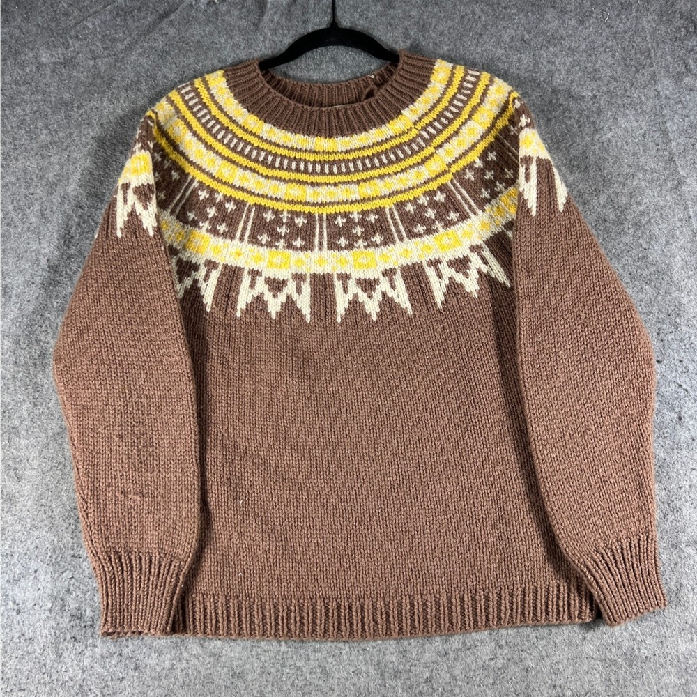 Vintage 60s Hand Knit Sweater Womens Medium Brown Fair Isle Pullover Jumper USA